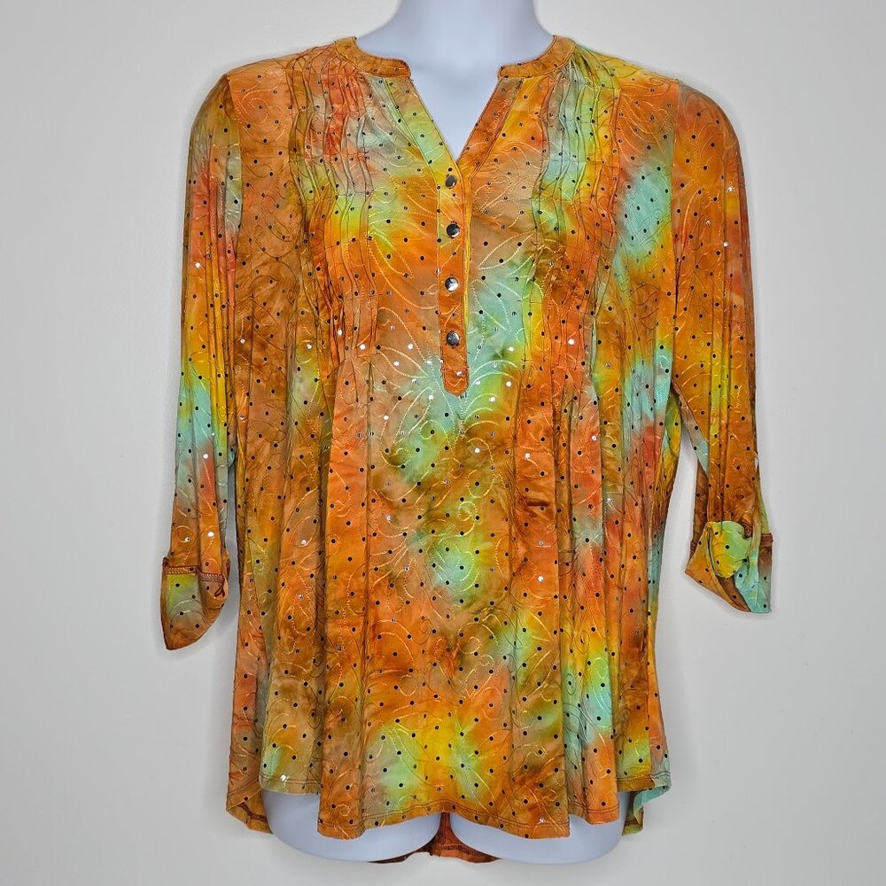Cocomo Blouse Womens Top 1X Popover 3/4 Sleeve Pintuck Tie Dye Hippie Boho Fairy